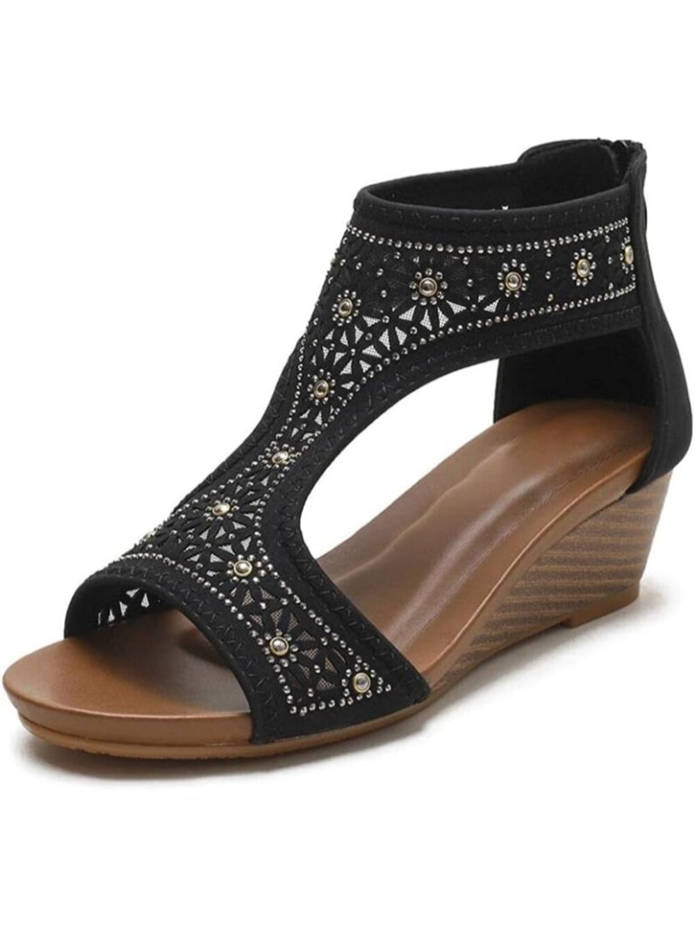 Women's Black Slide Wedge Sandal Open Toe High Heel Zipper Back Platform Shoes